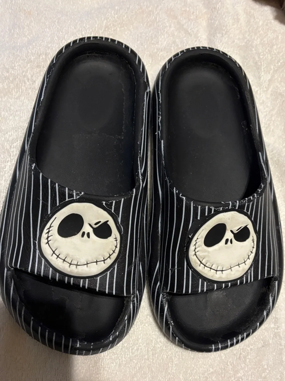 Disney Black Pinstripe Kids Slide Sandals with White Skull Face